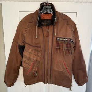 Vintage Leather Coat Size Small Patch Design Winlit Brown Jacket Women's BOHO